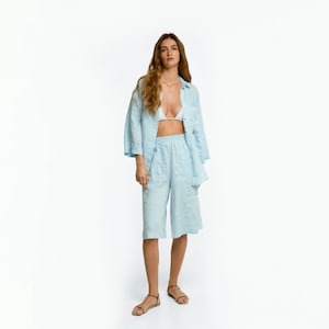 Blue Linen Shorts Suit: Women&#39;s Two Piece Set, Resort Wear