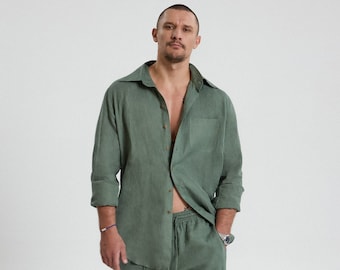 Camicia da uomo in lino, abbigliamento estivo in lino biologico, abbigliamento in lino traspirante dalla vestibilità comoda