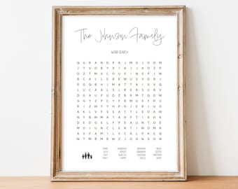 May include: A printable word search puzzle for the Johnson family. The puzzle features a grid of letters with words related to family hidden within. The words include "grandpa", "cousins", "sister", "aunt", "uncle", "family", and "Johnson".