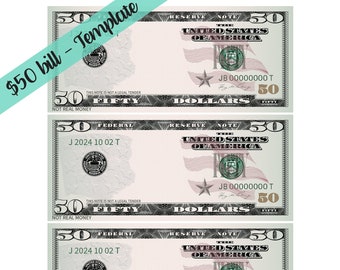 50 Dollar Bill Template - Letter page with 4 real size Dollar Bills (Front only) | Look a like 50 dollar bill