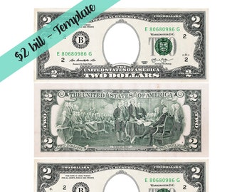 2 Dollar Bill Template - Letter page with 4 real size Dollar Bills (Front and Backside) | Look a like 2 dollar bill