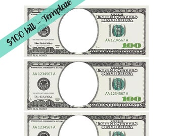 May include: Four blank $100 dollar bill templates with a circle in the center of each bill where you can add your own image or text. The bills are marked "NOT REAL MONEY".
