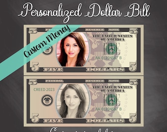 Personalized 5 Dollar Bill | Custom Money with your face - Letter page with 4 real size Dollar Bills