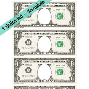 Plantilla de billete de 1 dólar: página de carta con 4 billetes de tamaño real (solo el anverso)