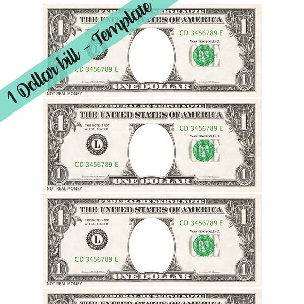 1 Dollar Bill Template - Letter page with 4 real size Dollar Bills (Front only)