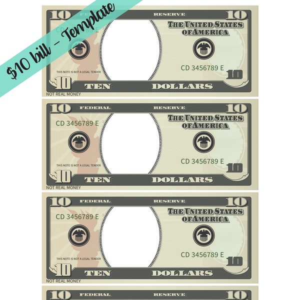 10 Dollar Bill Template - Letter page with 4 real size Dollar Bills (Front only) | Look-a-like 10 dollar bill