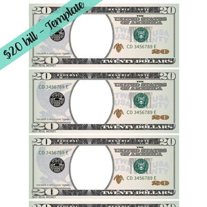 Modelo de nota de 20 dólares - página de carta com 4 notas de dólar em tamanho real (apenas frente) | Parece uma nota de 20 dólares