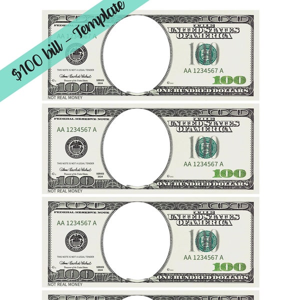 100 Dollar Bill Template - Letter page with 4 real size Dollar Bills (Front and Backside) | Look a like 100 dollar bill