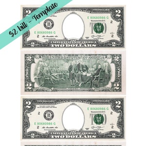 Plantilla de billete de 2 dólares: página de carta con 4 billetes de dólar de tamaño real (anverso y reverso) / Parece un billete de 2 dólares
