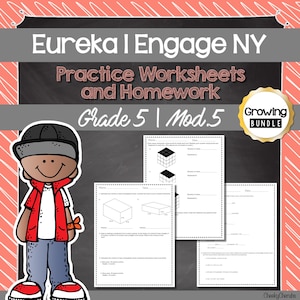 May include: Black and white worksheets for 5th grade math, Eureka Math Engage NY, Module 5, with a cartoon character on the cover. The worksheets cover topics like volume, surface area, and rectangular prisms.