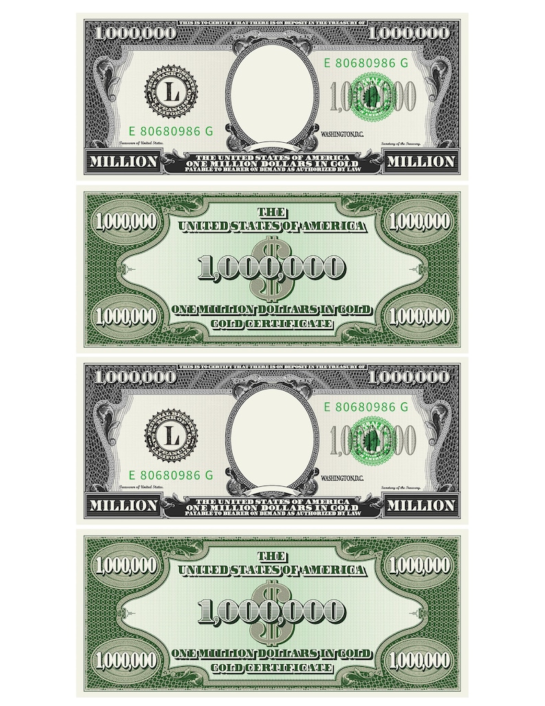 Million Dollar Bill Template - Letter Page With 4 Real Size Dollar ...