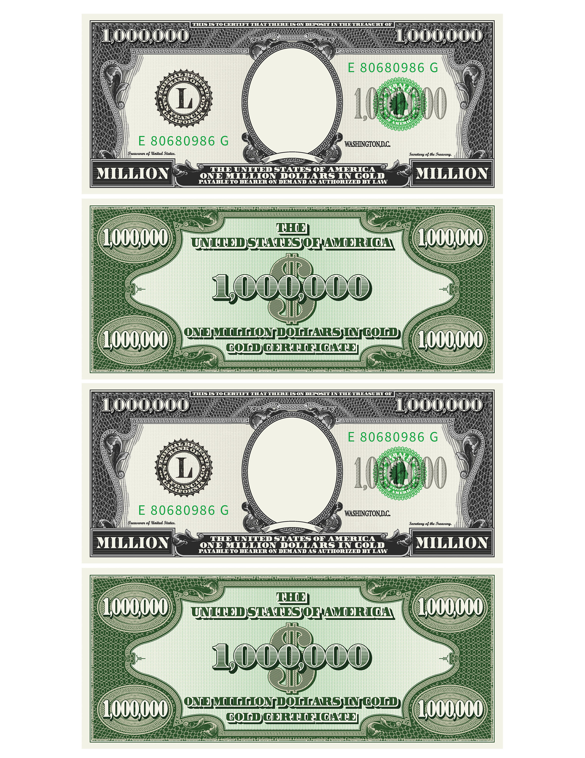 Million Dollar Bill Template Letter Page With 4 Real Size Dollar