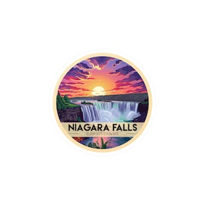 May include: A colorful illustration of Niagara Falls with a sunset sky and the text "NIAGARA FALLS 85,000 CUFT/S FLOW RATE".