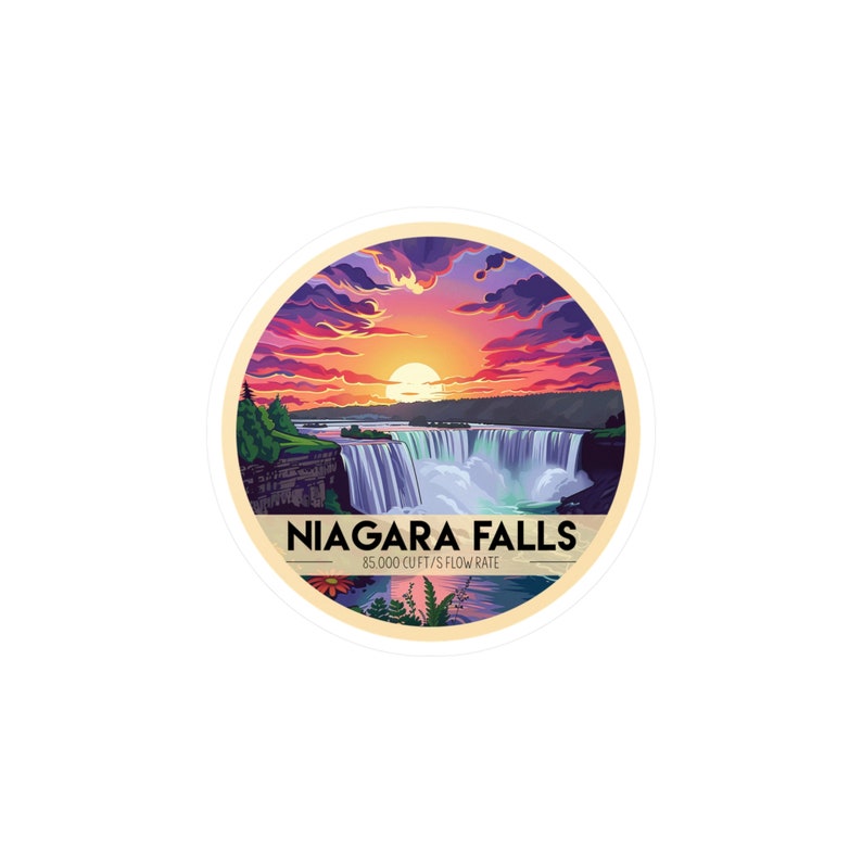 May include: A colorful illustration of Niagara Falls with a sunset sky and the text "NIAGARA FALLS 85,000 CUFT/S FLOW RATE".