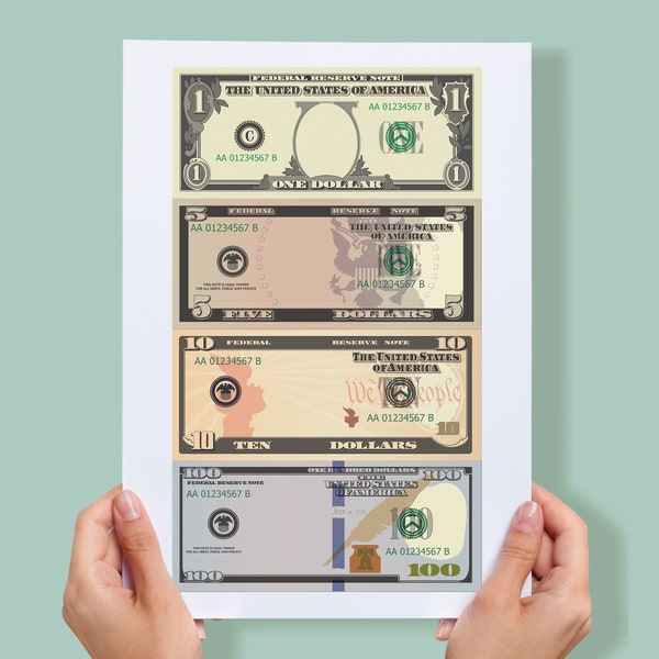 Dollar Bill Templates - Printable letter page with 4 real size Dollar Bills | Similar Dollar bills - print and cut