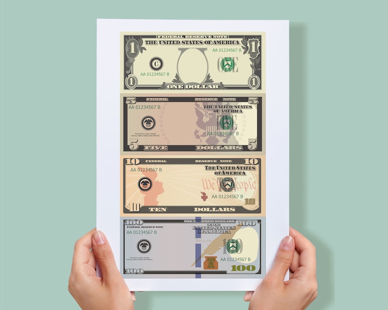Dollar Bill Templates Printable Letter Page With 4 Real Size - Etsy