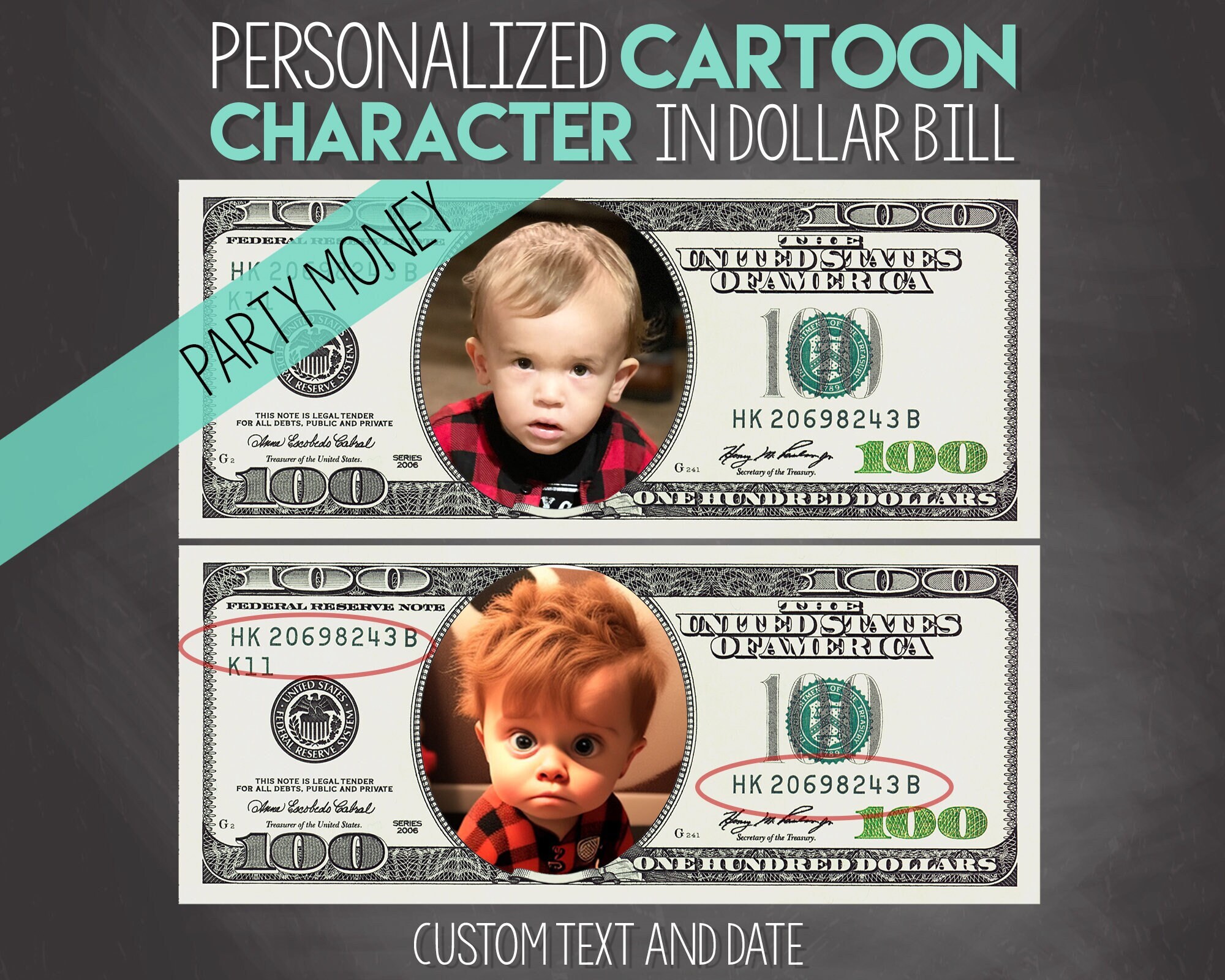 Personalized Cartoon Character 100 Dollar Bill | Custom Dollar Bill with your AI-generated caricature | Letter page with 4 Dollar Bills