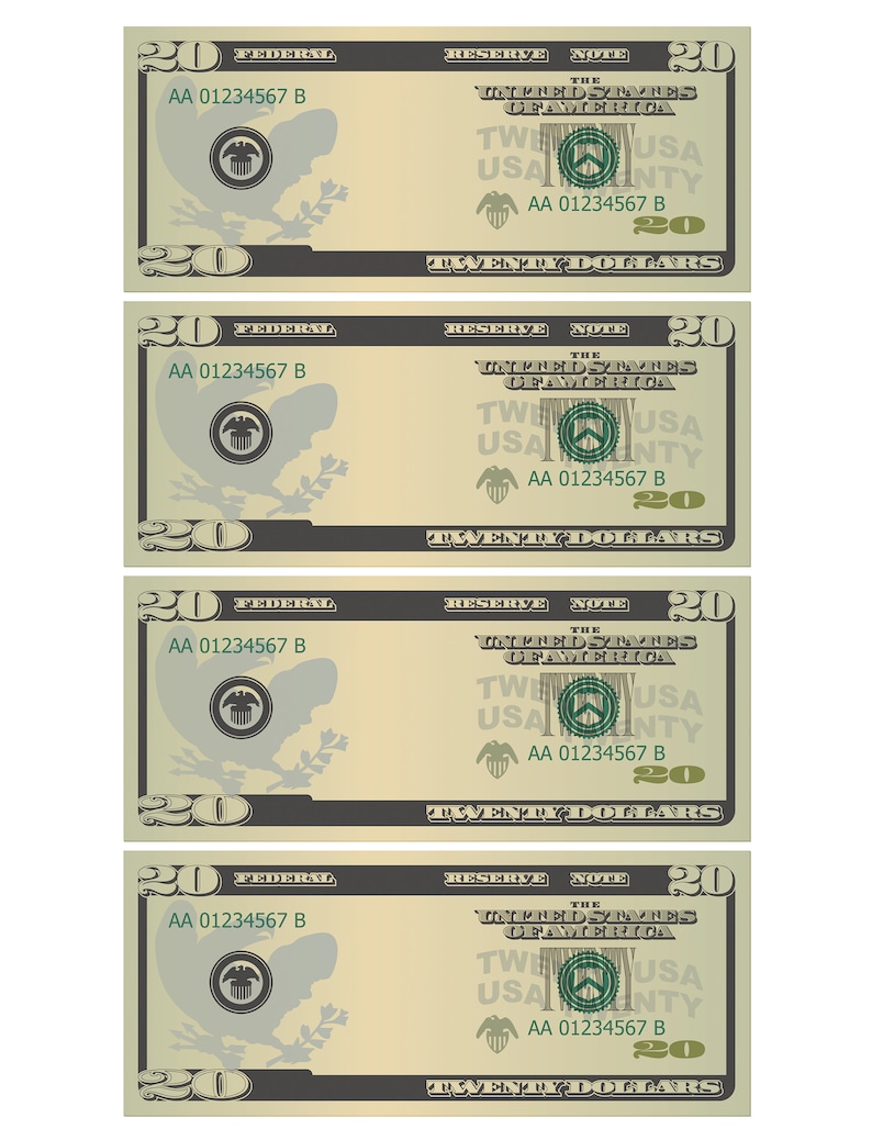 Dollar Bill Templates Printable Letter Page With 4 Real Size Etsy Dollar Bill Templates Printable Letter Page With 4 Real Size Etsy