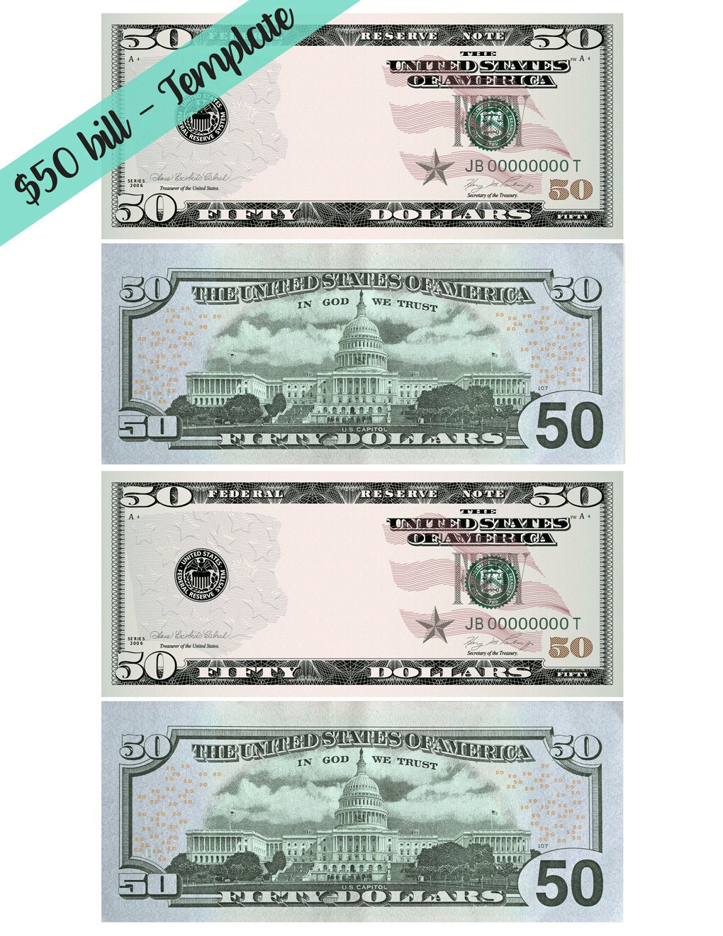 US 50 Dollar Bill Money PNG Graphic Banknote Front Back — drypdesigns