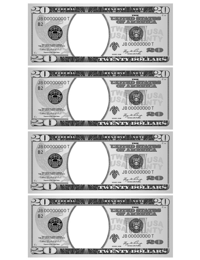 20 Dollar Bill Template Letter Page With 4 Real Size Dollar - Etsy