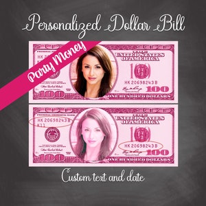 Billete de 100 dólares personalizado PINK - Dinero del maestro / Dinero del aula con tu cara - Página de carta con 4 billetes de dólar de tamaño real