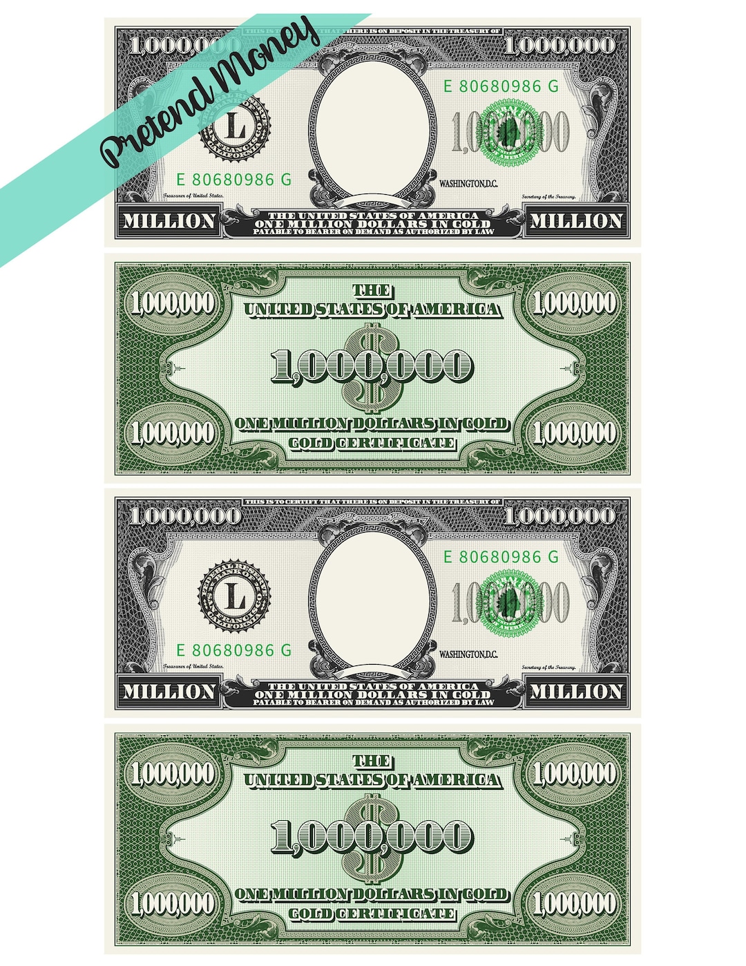 Million Dollar Bill Template - Letter Page With 4 Real Size Dollar ...