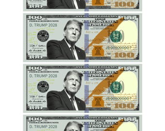 NEU Donald Trump 100 Dollar Bill - 4 echtgroße Dollarscheine (Vorder- und Rückseite) | D.TRUMPF 2028
