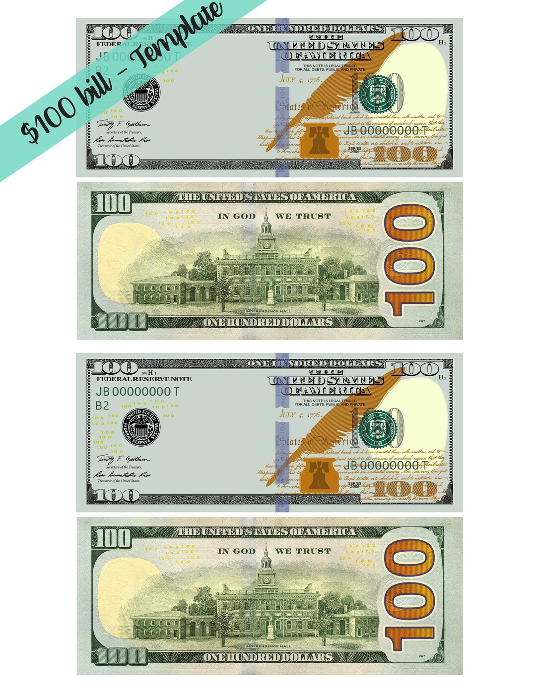 NEW 100 Dollar Bill Template - Letter Page With 4 Real Size Dollar