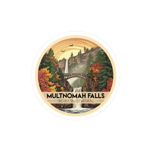 May include: A round sticker with a colorful illustration of Multnomah Falls, Oregon's tallest waterfall. The sticker features a bridge over the falls, lush green trees, and a sunset sky. The text "Multnomah Falls - Oregon's Tallest Waterfall" is printed below the image.