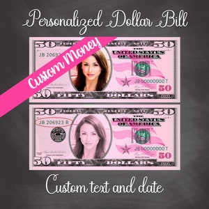 Personalized 50 Dollar Bill PINK - Teacher Money | Classroom Money with your face - Letter page with 4 real size Dollar Bills