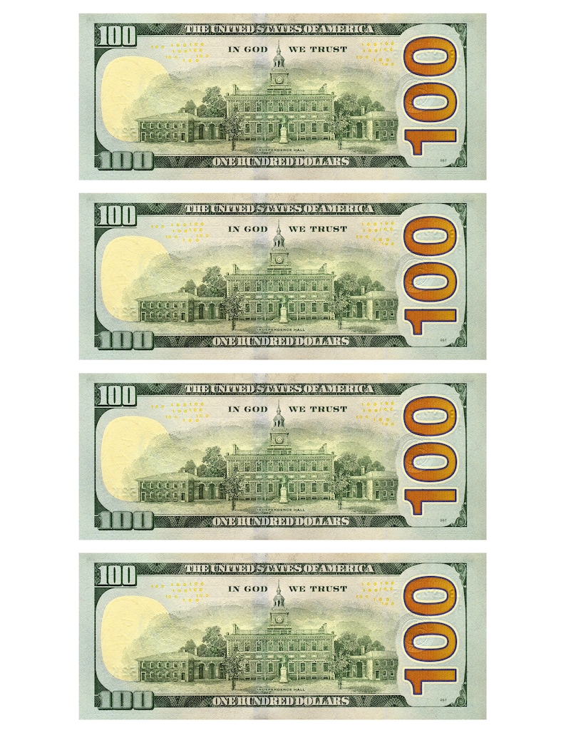 NEW 100 Dollar Bill Template - Letter Page With 4 Real Size Dollar ...