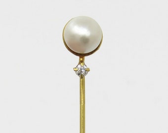 Classy Vintage 14K Yellow Gold  Pearl Diamond Pin Brooch 65 x 6mm