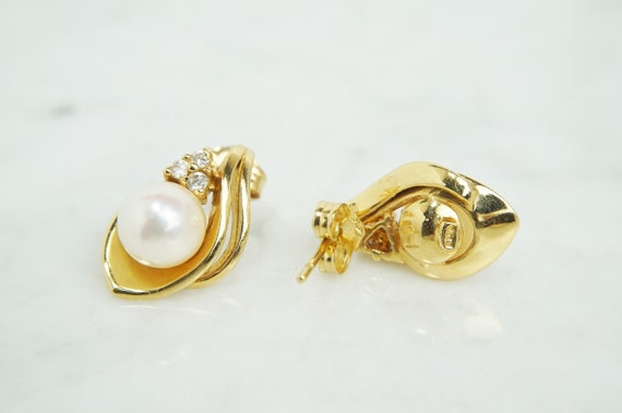 Classy Vintage 14K Yellow Gold Pearl & Diamond Ea… - image 6