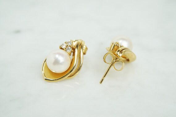 Classy Vintage 14K Yellow Gold Pearl & Diamond Ea… - image 5