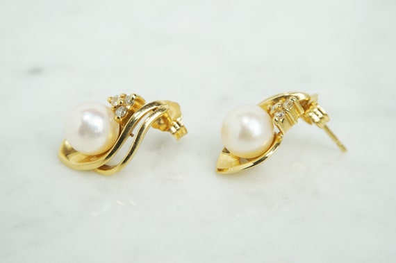 Classy Vintage 14K Yellow Gold Pearl & Diamond Ea… - image 3