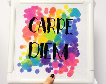 Carpe Diem | Modern Cross Stitch Kit, DIY Embroidery Kit, Needlepoint Kit, Neon Stitch Kit, DIY Wall Art, Typography Wall Art, Crafty Gift