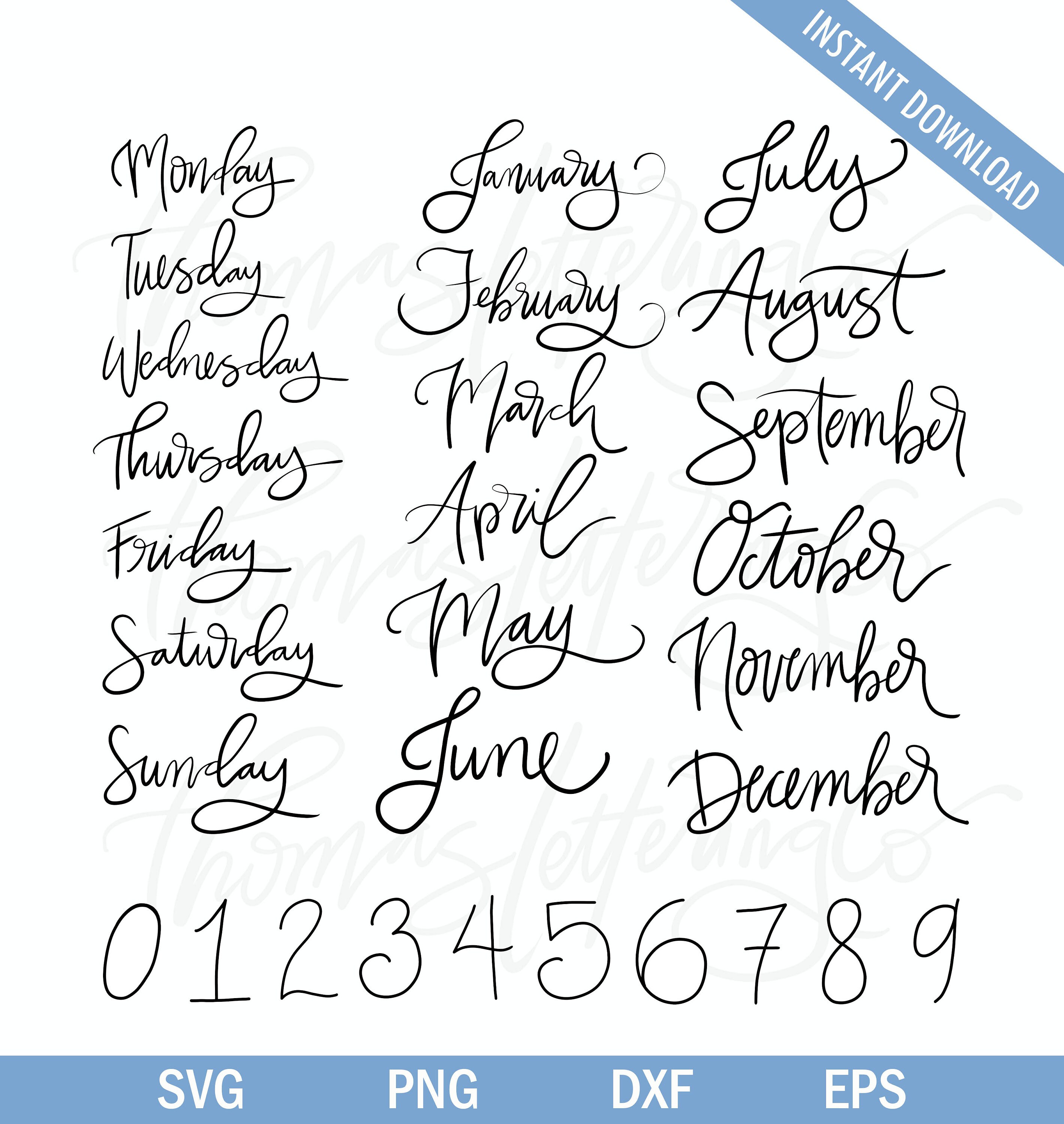 Cursive Hand Lettered Months/Days/Numbers Hand Lettered | Etsy