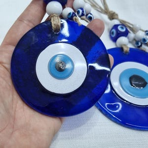 Handmade Round Evil Eye Wall Decor - Blue Glass Amulet with Beads, Turkish Nazar Charm, Housewarming Gift, Bulk Orders Available
