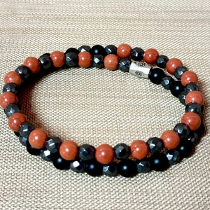 Men’s Double Wrap Bracelet – Red Jasper, Black Onyx, Hematite – Grounding & Protection Gemstone Gift