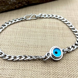 Stainless Steel Evil Eye Bracelet - Curb Chain, Good Luck Charm