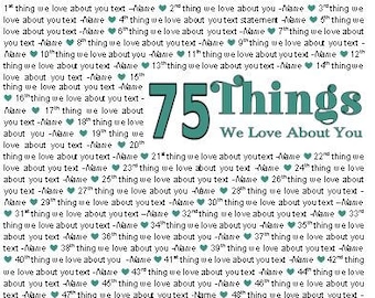 16x20’’ Template in Microsoft Word for “75 Things We Love About You” Editable and Printable Artwork in TEAL Script