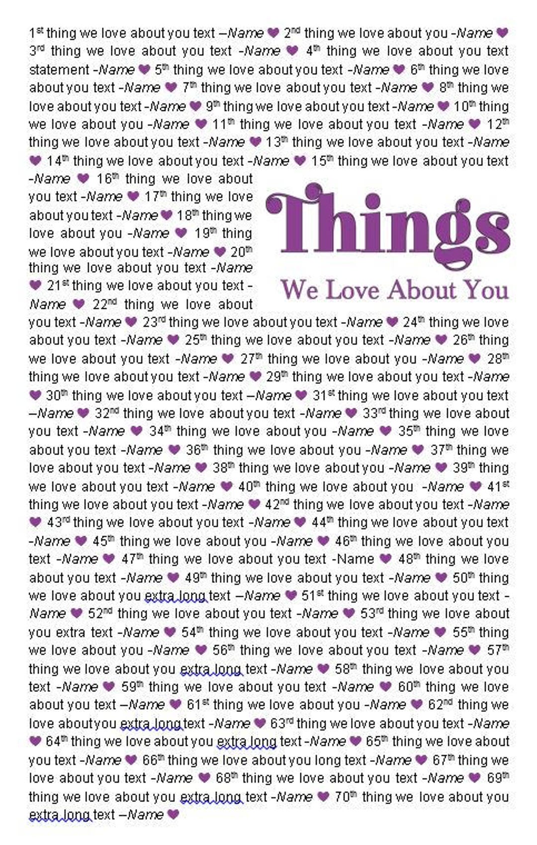 11x17 Template in Microsoft Word for things We Love About You Editable and Printable Artwork in