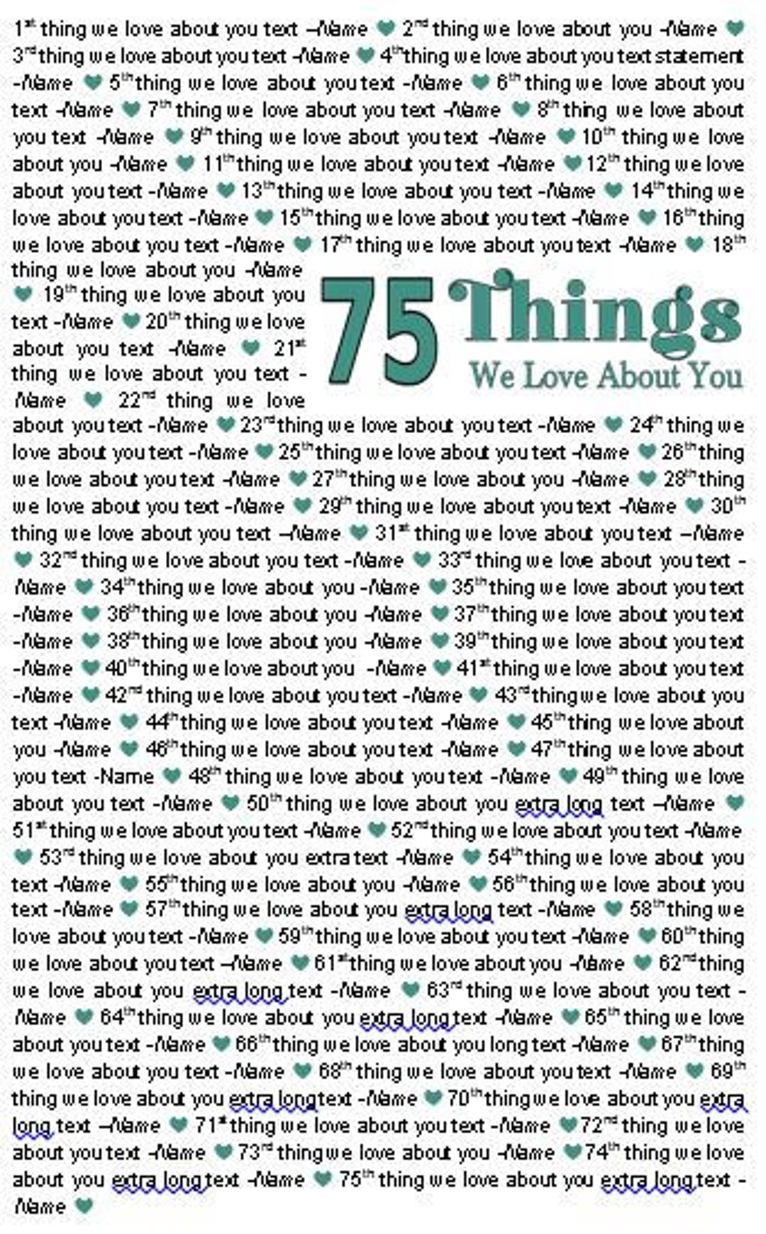 11x17 Template in Microsoft Word for 75 Things We Love About You Editable and Printable Artwork