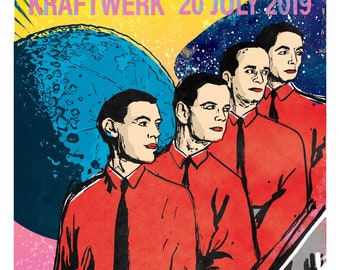 Lámina artística del Festival Bluedot 2019 – Kraftwerk, Telescopio Lovell, Ilustración de la Luna