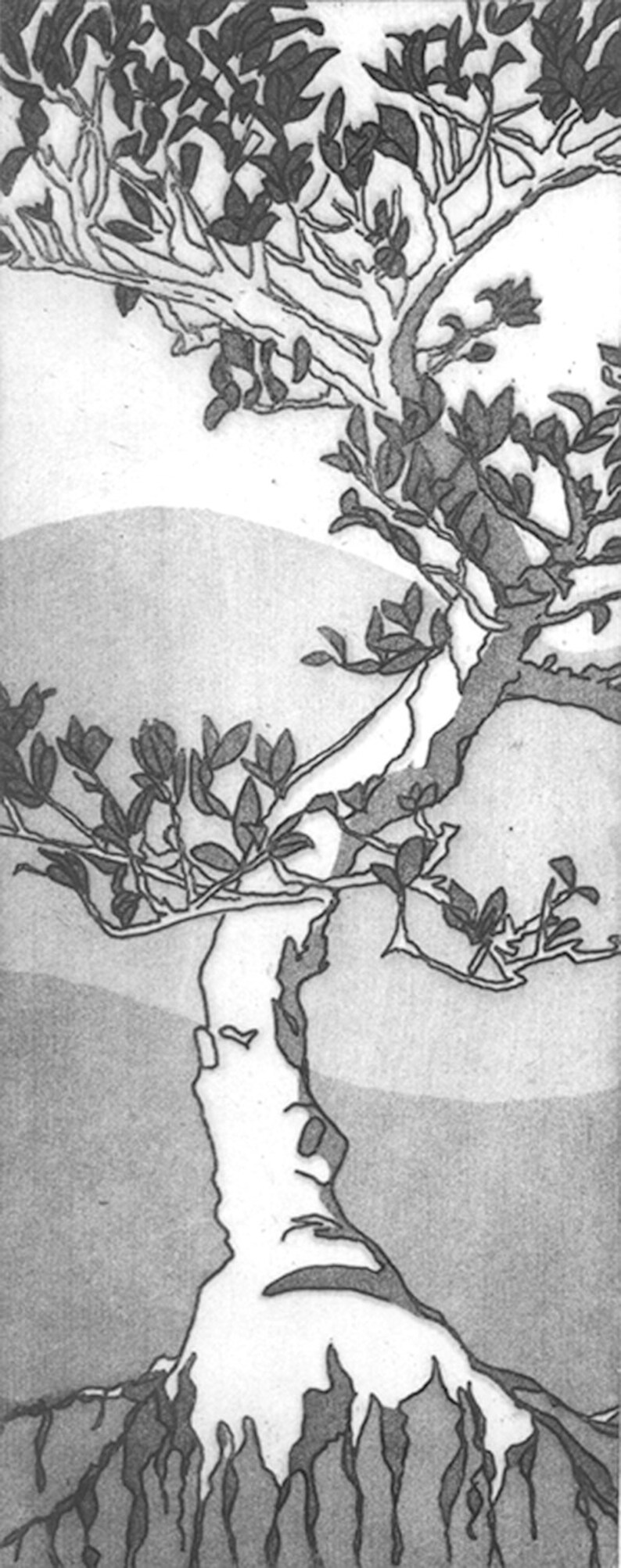 Puede incluir: Ilustraci&oacute;n en blanco y negro de un &aacute;rbol con hojas. El tronco es claro, las ramas y las hojas son oscuras. El fondo tiene un degradado de gris claro y oscuro.