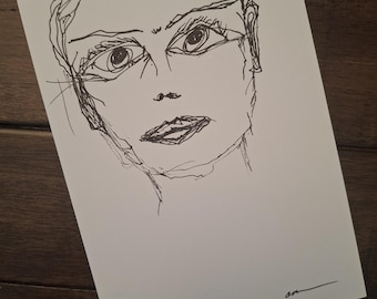 Black and White Ink Portrait (Print)  5x7 Drawing Female Face Looking Upwards Sketchbook Study