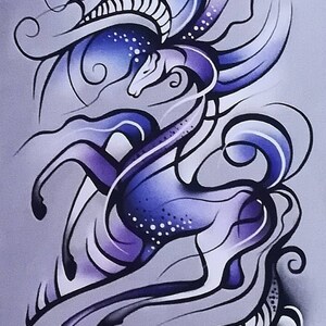 Tarjeta abstracta con caballo azul y morado