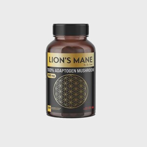 May include: A brown supplement bottle with a black cap. The label reads "LION'S MANE" and "100% ADAPTOGEN MUSHROOM 500 mg". A gold geometric design is featured on the black label. The bottle contains 120 capsules.