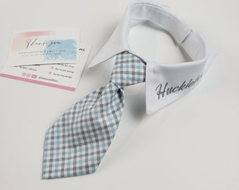 Custom WITH PET'S NAME Personalized gray, blue greenish and white plaid. Necktie for cats and dogs Classy and Comfortable. Necktie Gifts.