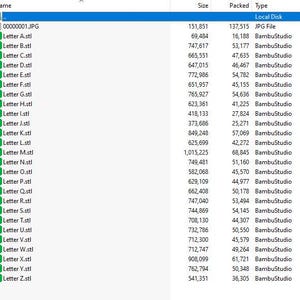May include: A digital file directory list displaying a series of 3D model files labeled Letter A.stl through Letter Z.stl, each associated with the BambuStudio software, alongside their respective file sizes and packed data values in a table format.